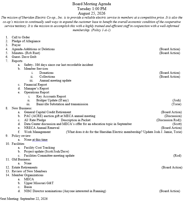 August Agenda