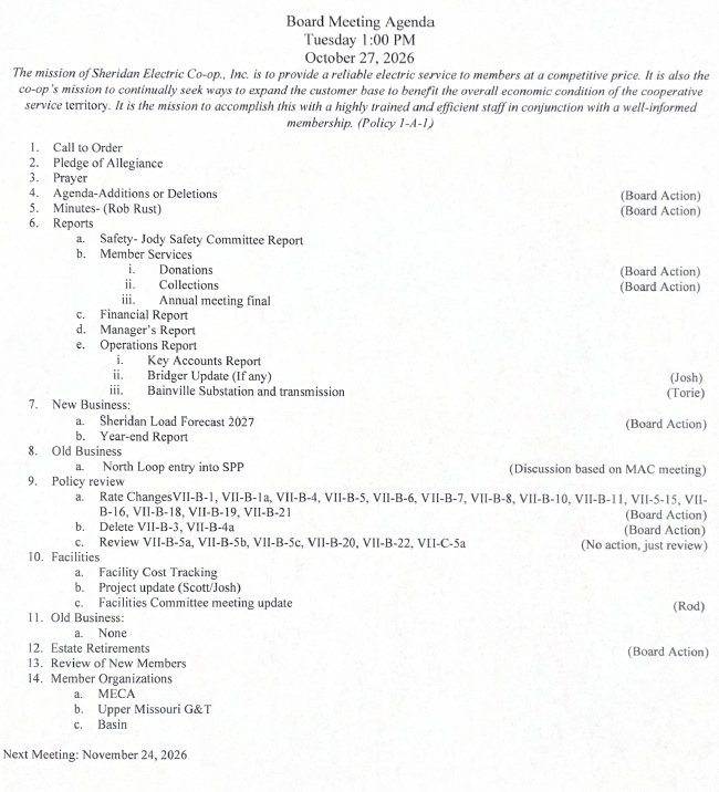 October Agenda